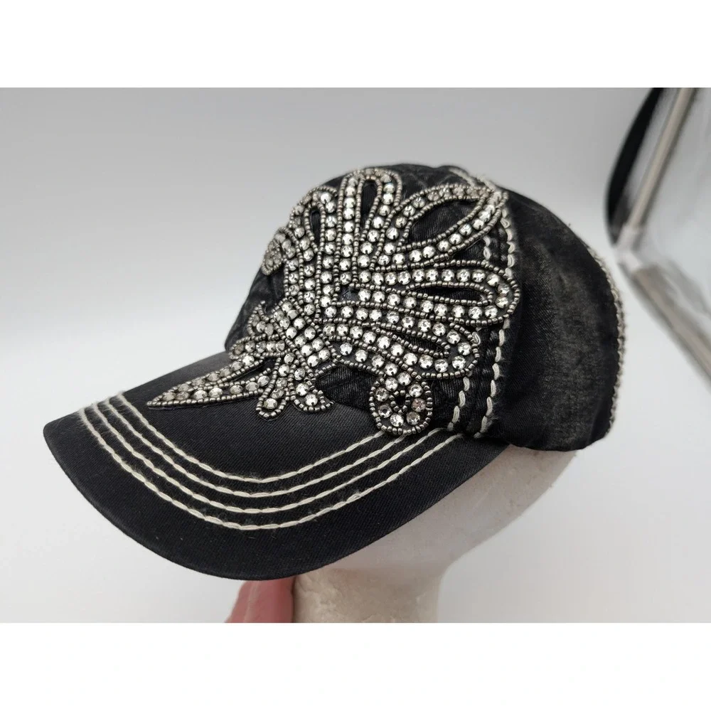Olive & Pique Rhinestone Fleur-de-Lis Acid Wash Denim Baseball Cap Black Hat